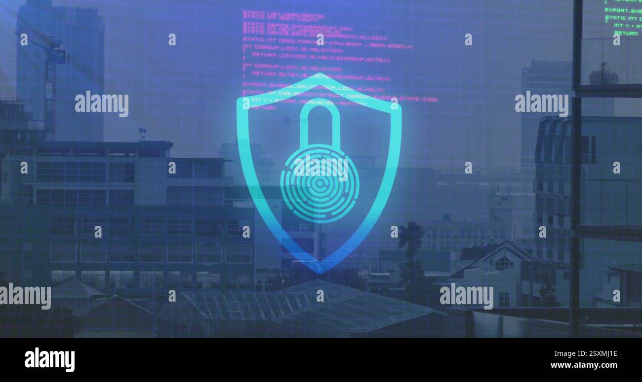 Image of data processing with shield and padlock icon over cityscape Stock Photo