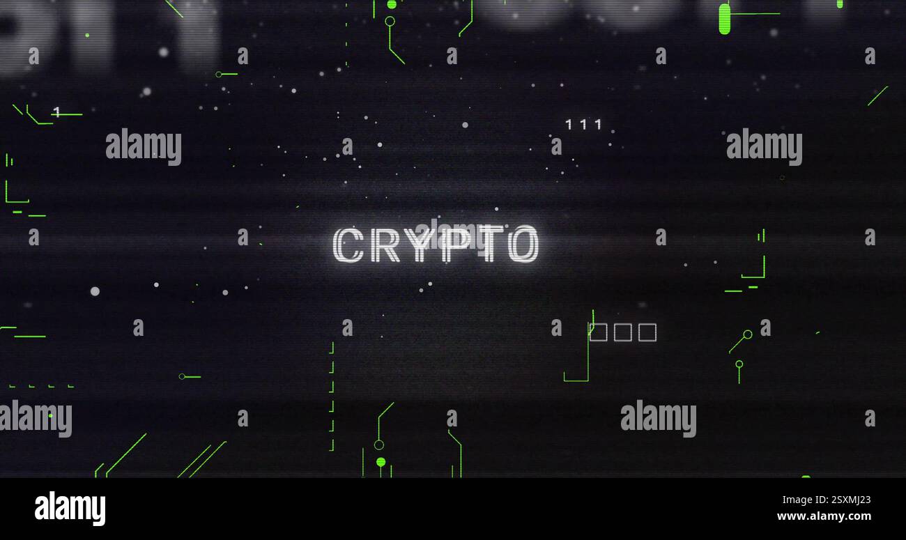 Image of data processing over crypto text and connections Stock Photo
