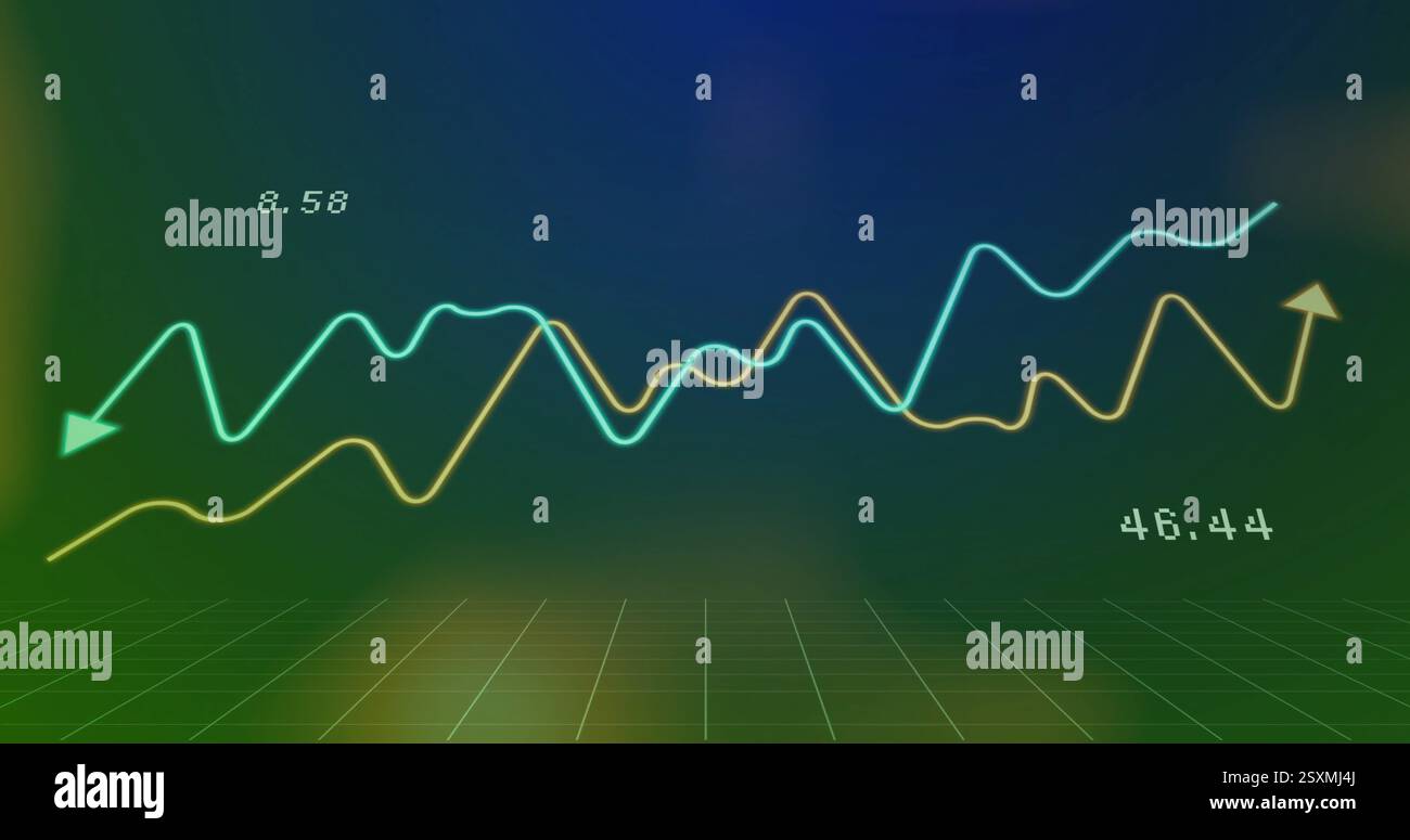 Image of data processing and diagrams over colourful shades Stock Photo