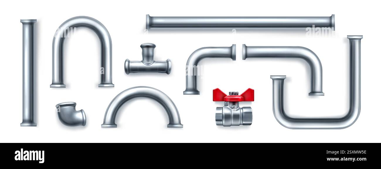 Plumbing 3d metal pipe elements set - straight tubes, curved connections and joints, valve with red handle. Chrome steel industrial parts with fittings, corners, elbows for construction design. Stock Vector