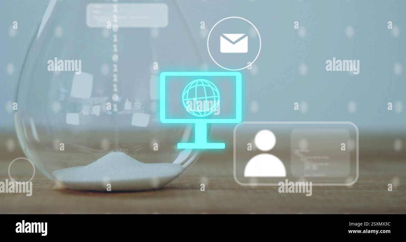 Image of data processing and media icons over hourglass Stock Photo
