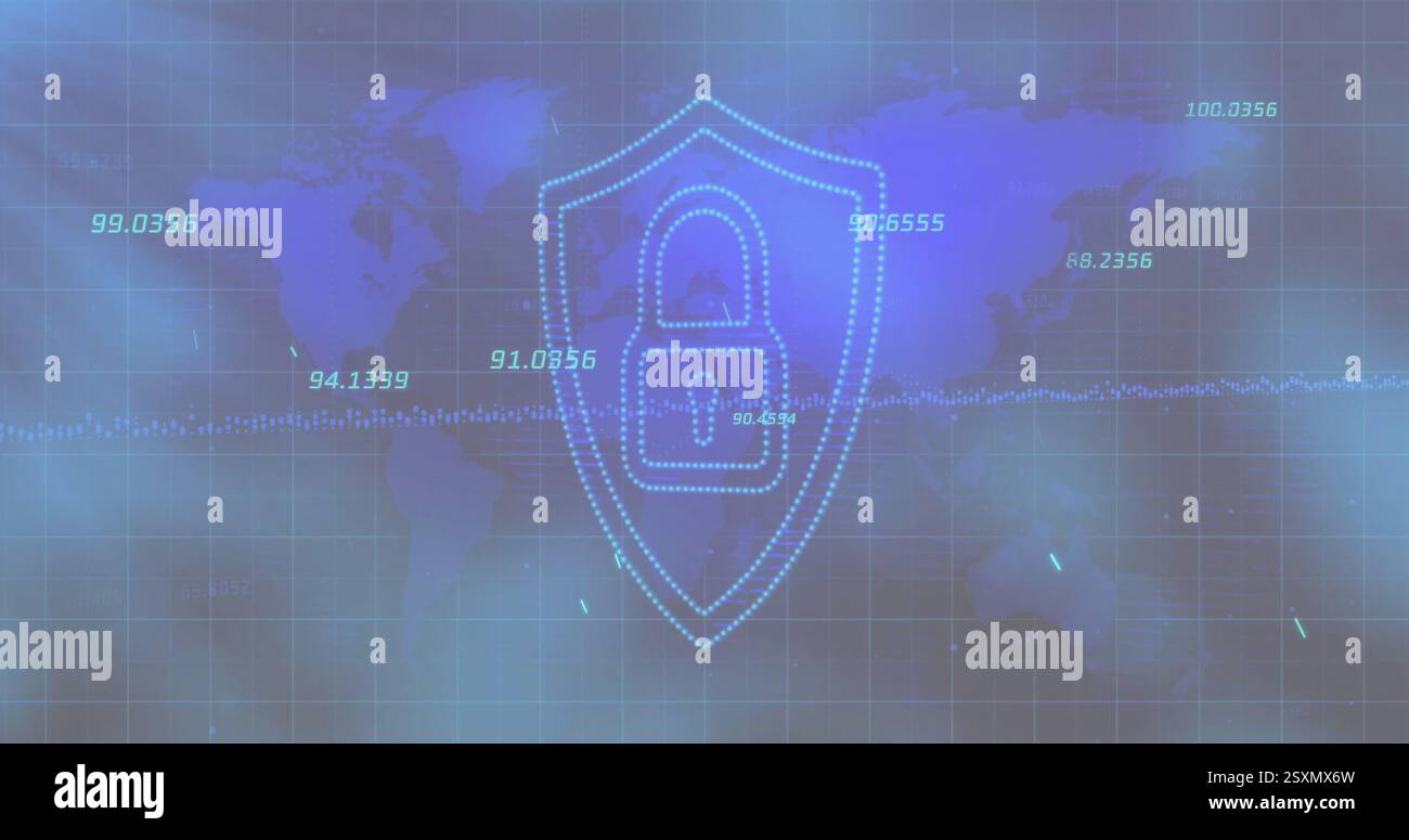 Image of digital data processing over padlock icon Stock Photo