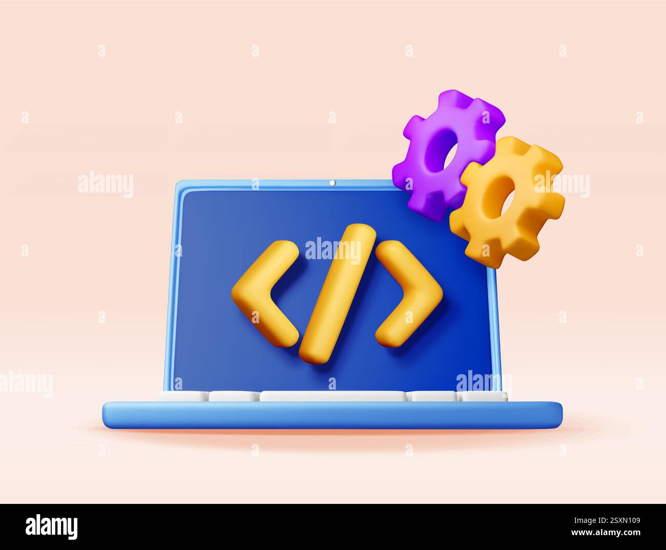 3d code icon and gear cogwheel in laptop Stock Vector