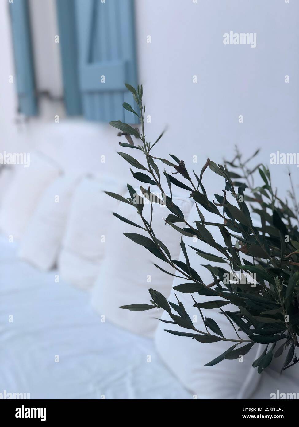 Serene Mediterranean-Inspired Bedroom Decor - Smartphone Captured Stock Image