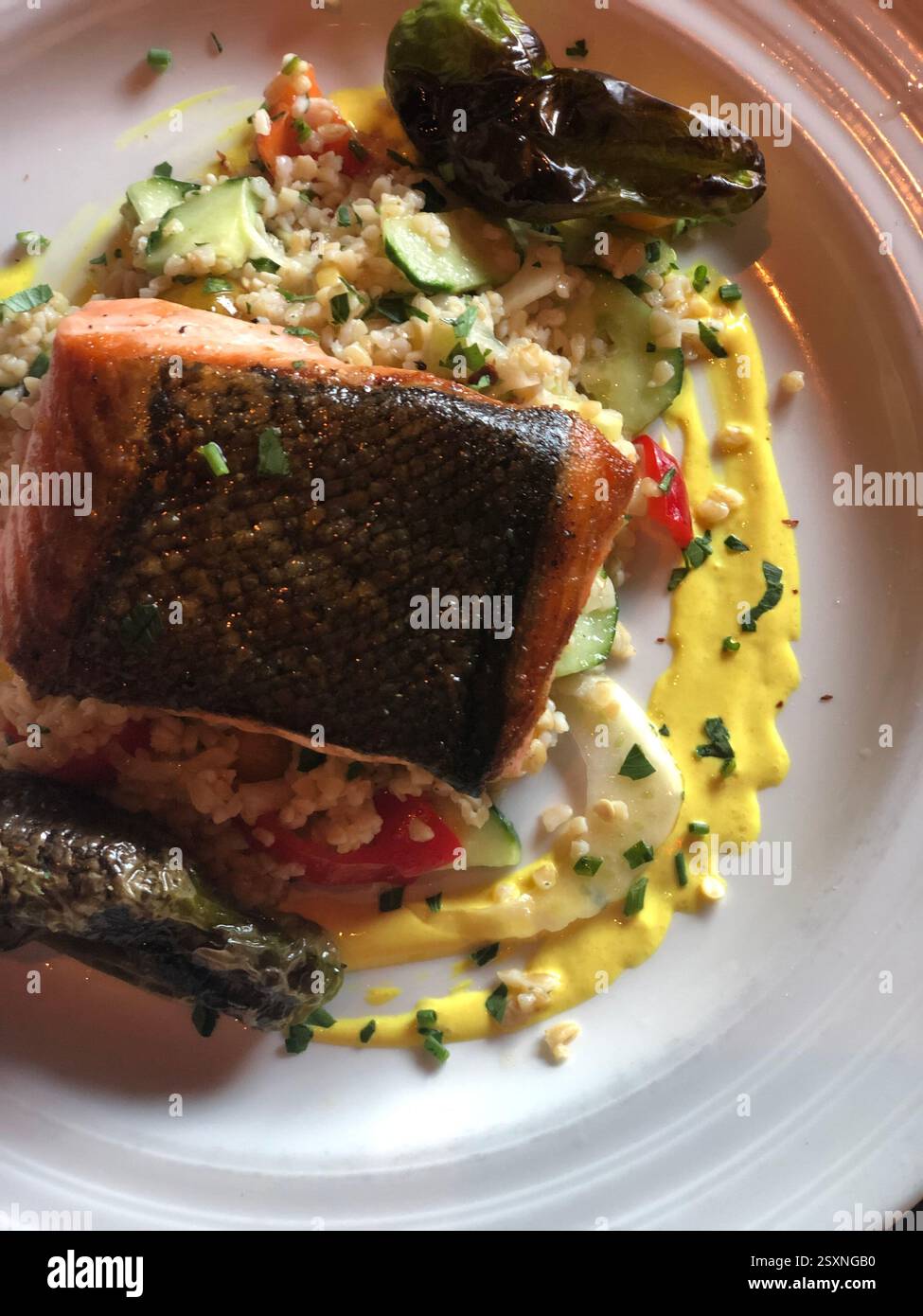 Seared Salmon with Grilled Peppers and Quinoa Salad - Smartphone Captured Stock Image