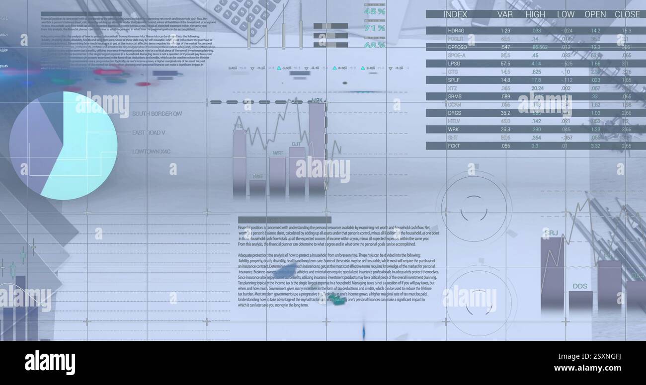 Image of financial data processing over paper and items on desk Stock Photo
