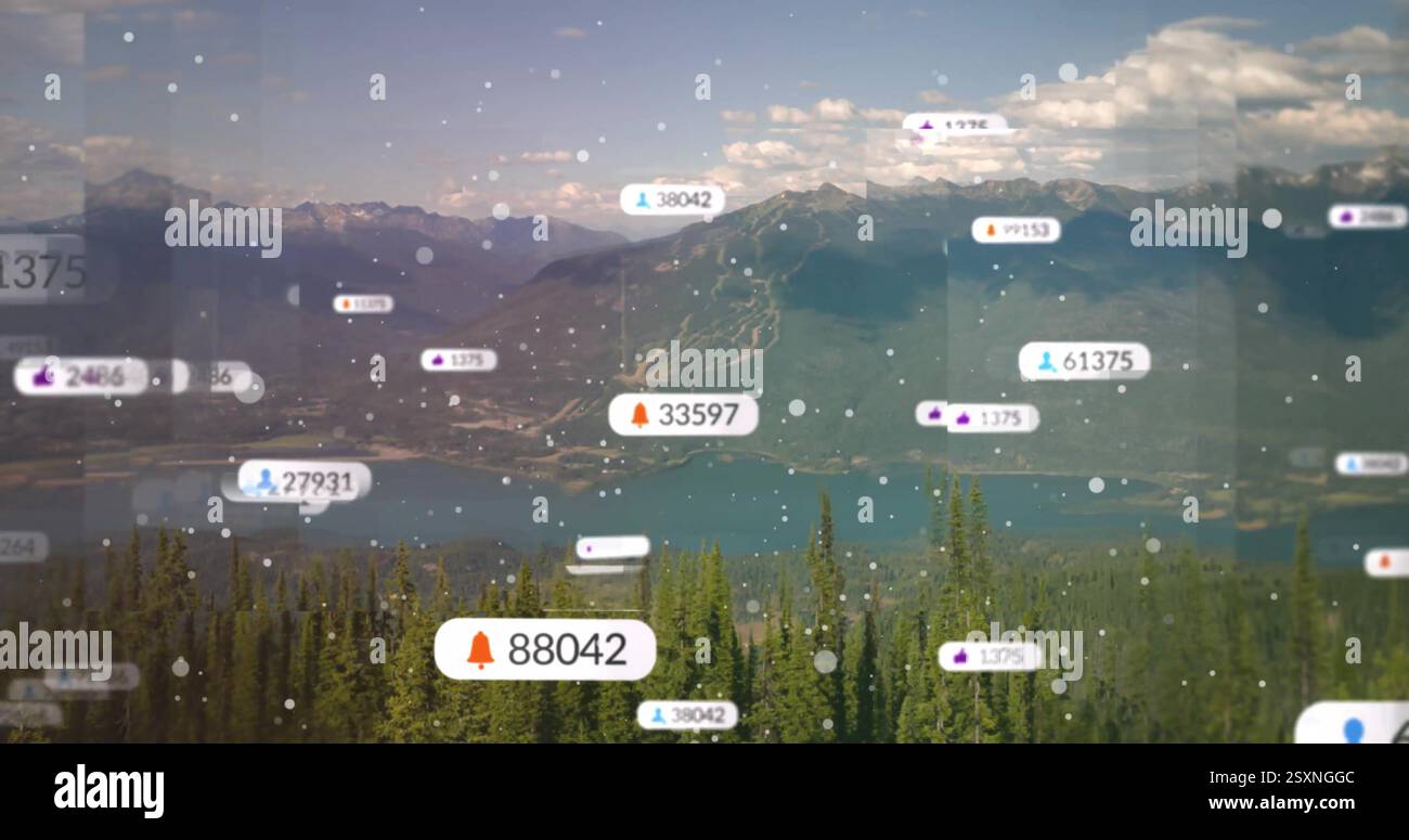Image of icons and data processing over landscape Stock Photo