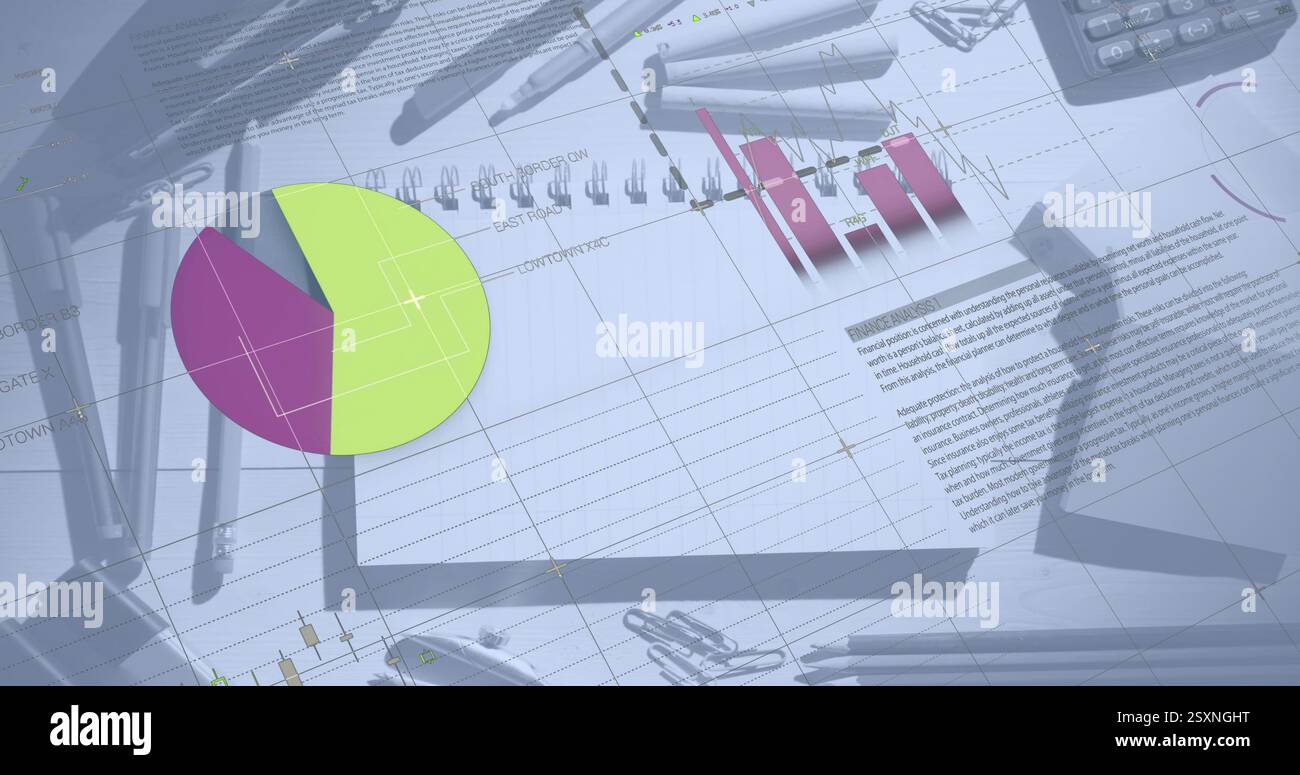 Image of financial data processing over notebook and items on desk Stock Photo
