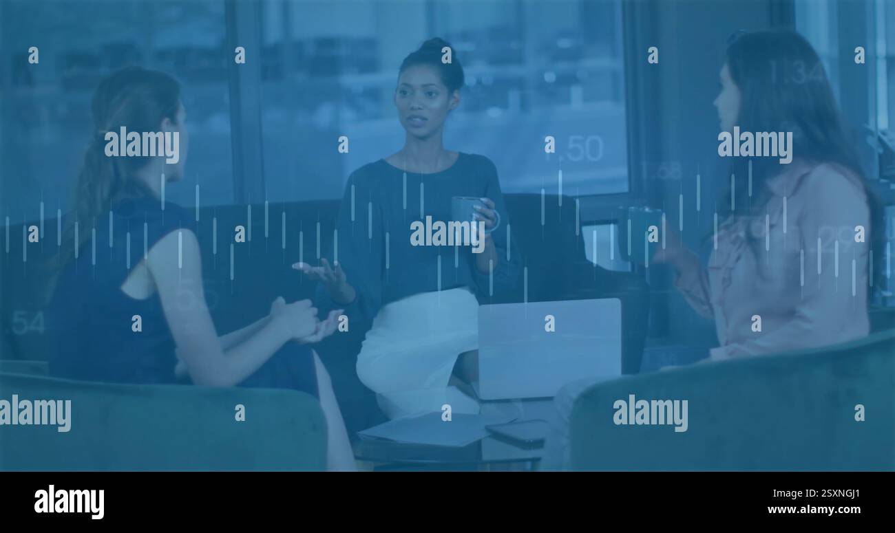 Image of data processing over diverse business people discussing work Stock Photo