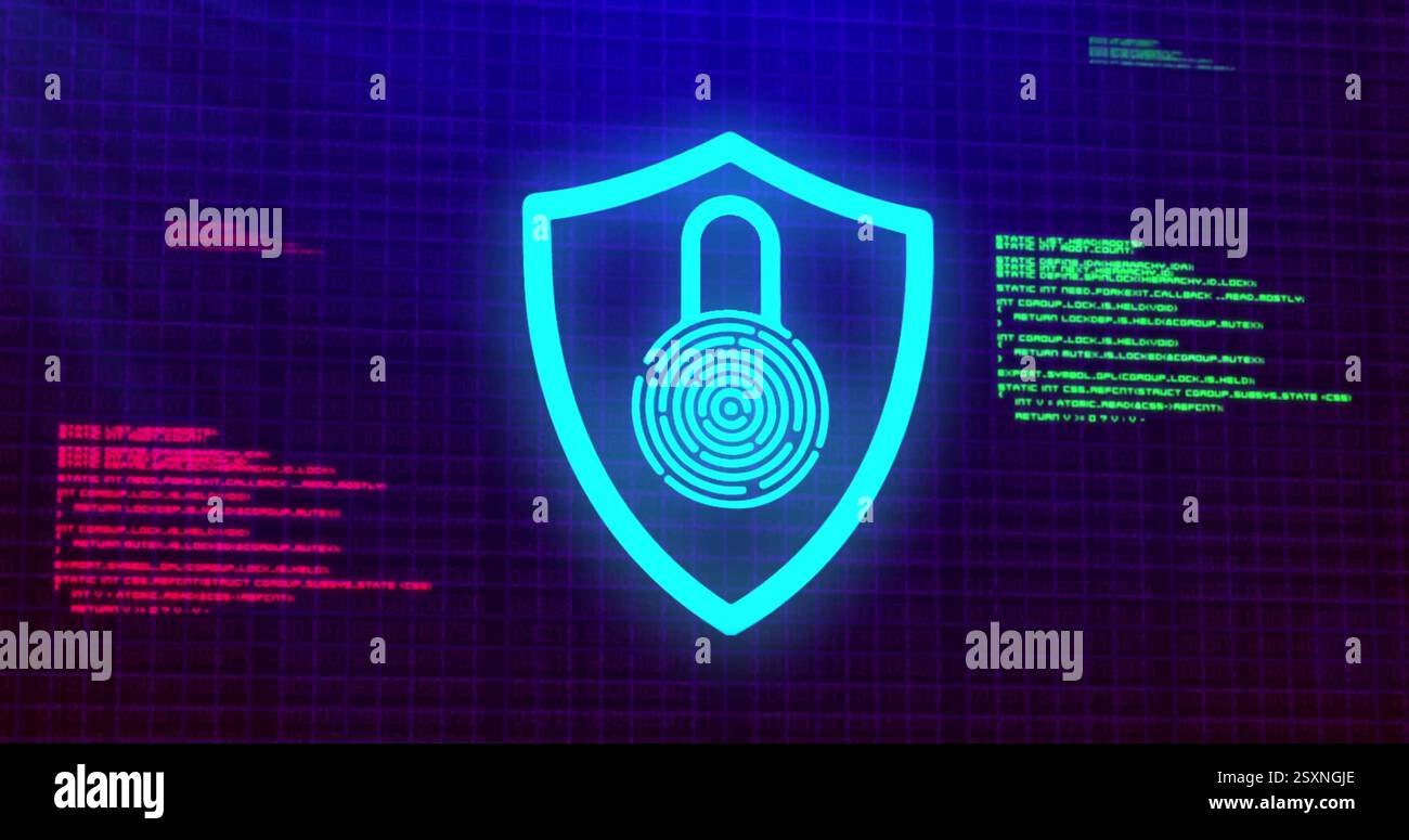 Image of shield and padlock over data processing Stock Photo