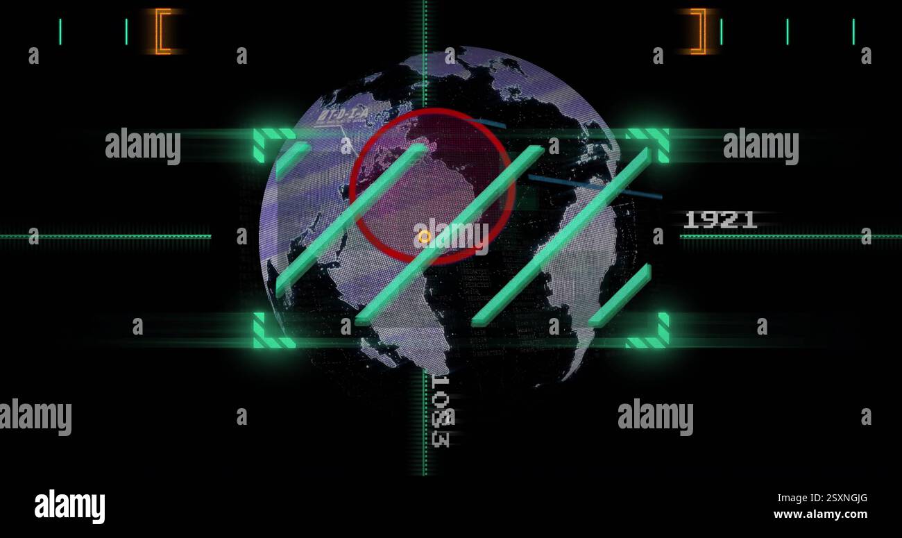 Targeting image over rotating globe with coordinates and red circle Stock Photo