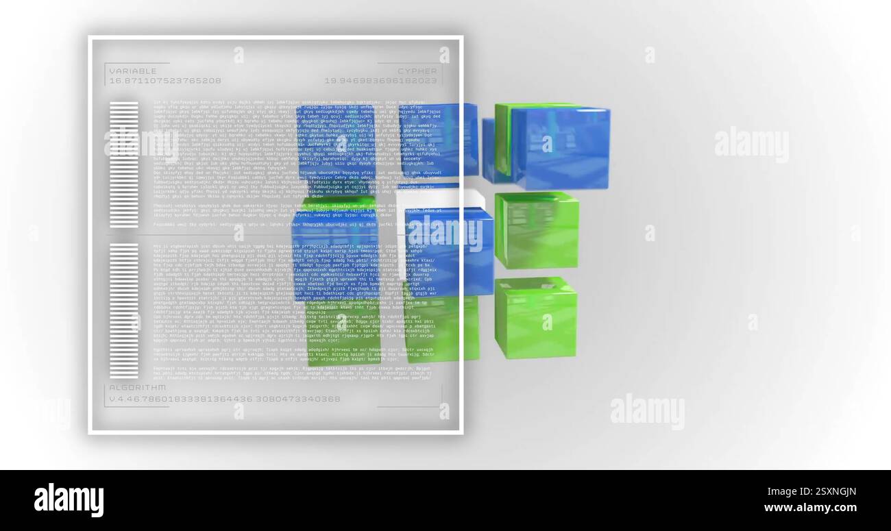 3D cubes in green and blue with text and code image over white background Stock Photo