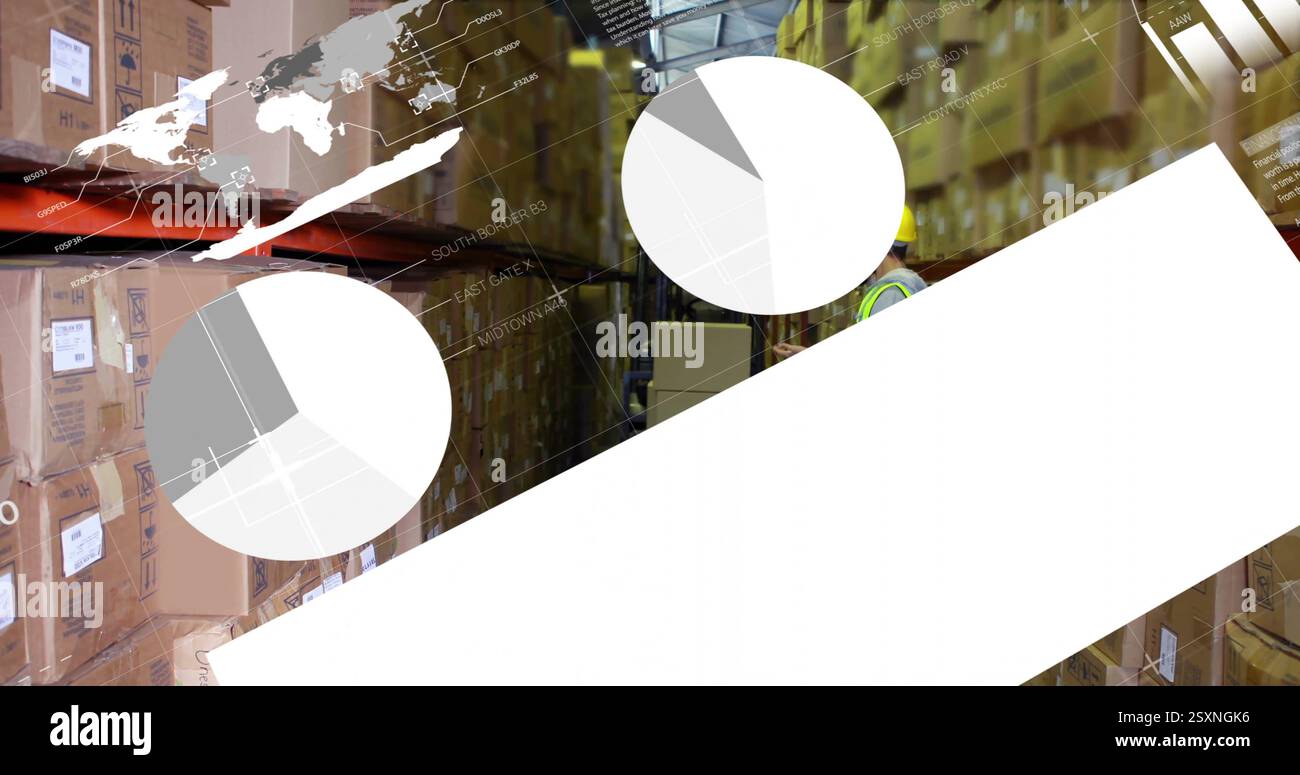 Image of financial data processing over diverse workers in warehouse Stock Photo