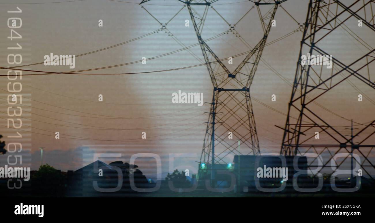 Power lines and transmission towers over data processing image with ...