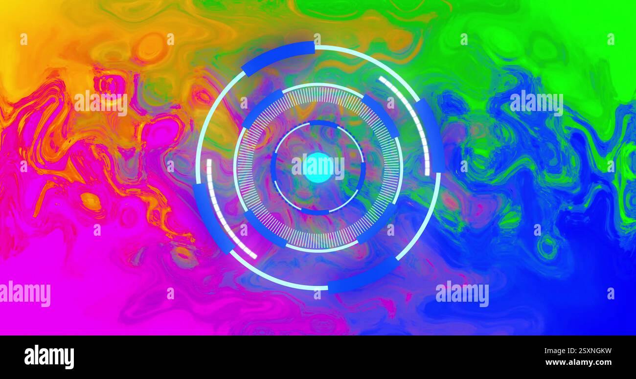 Circular digital interface over vibrant, colorful abstract image background Stock Photo