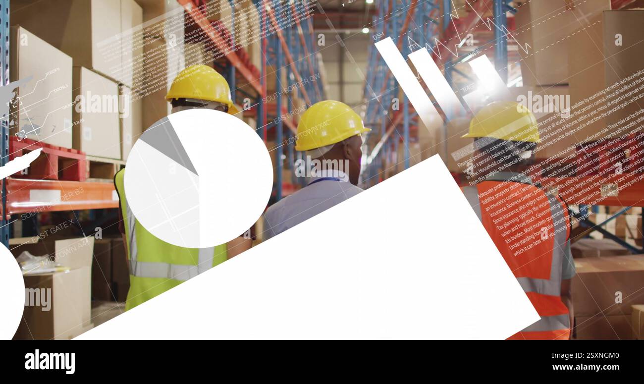 Image of financial data processing over diverse workers in warehouse Stock Photo