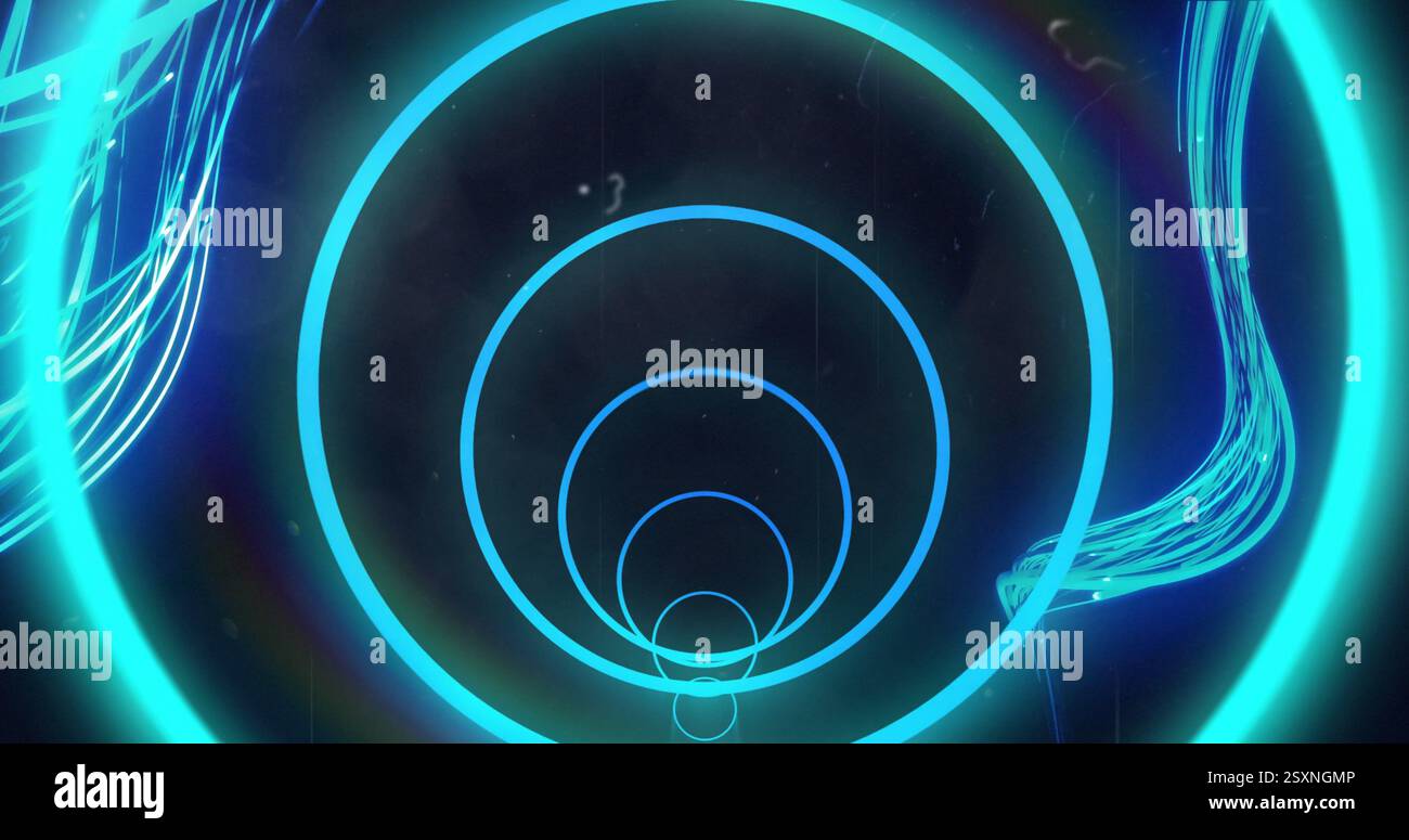 Concentric neon blue circles image over dark background with abstract ...
