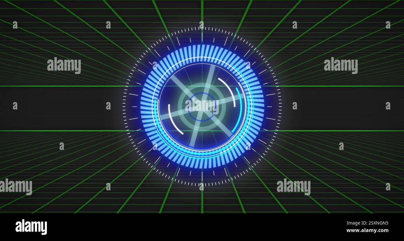 Futuristic blue digital interface image with rotating elements over grid background Stock Photo