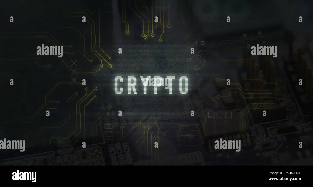 CRYPTO text image over circuit board and digital data background Stock Photo