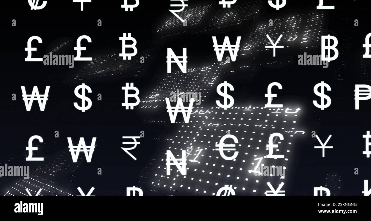 Image of binary coding data processing over currency signs Stock Photo