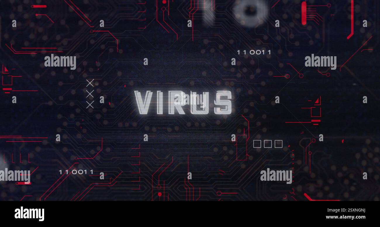 Virus text image over digital circuit board background with binary code Stock Photo