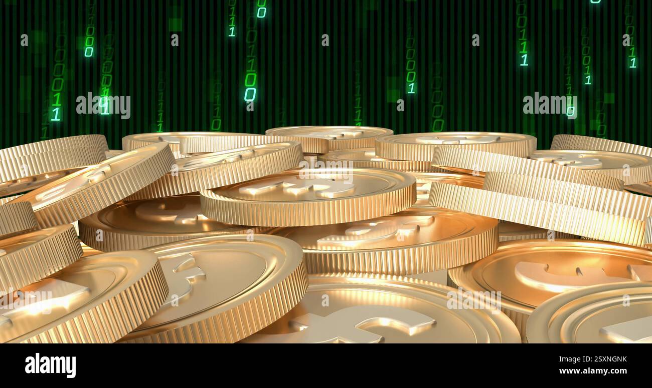 Stacks of gold coins with binary code image in background Stock Photo