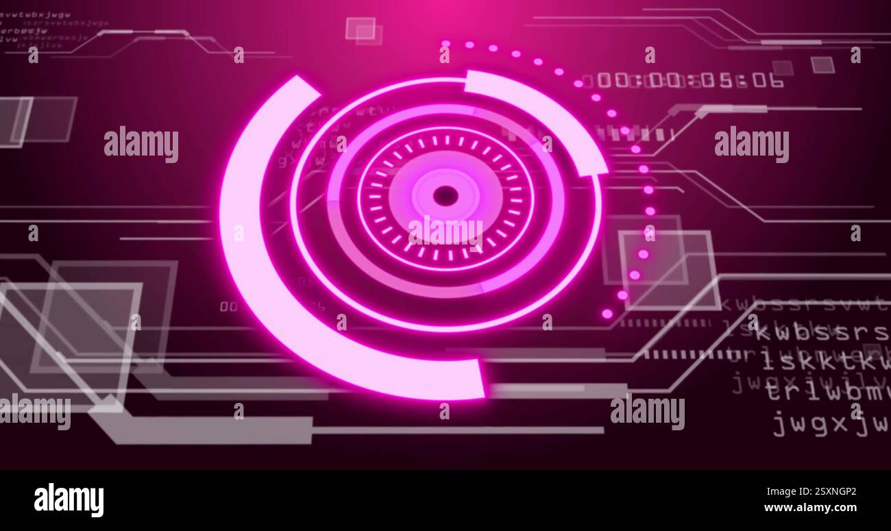 Futuristic digital interface with rotating pink circles and binary coding image Stock Photo