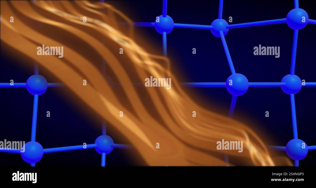 Flowing orange wave over blue molecular structure, scientific image Stock Photo