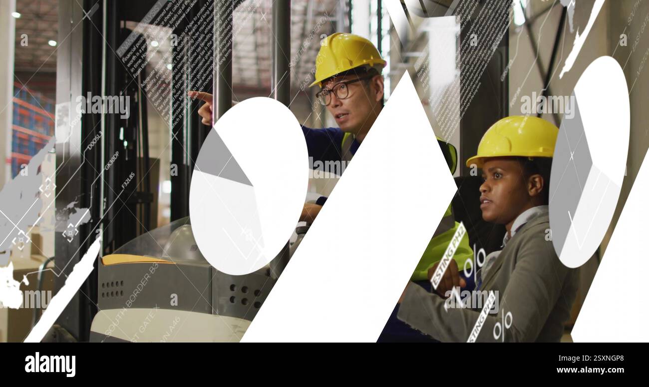 Image of financial data processing over diverse workers in warehouse Stock Photo