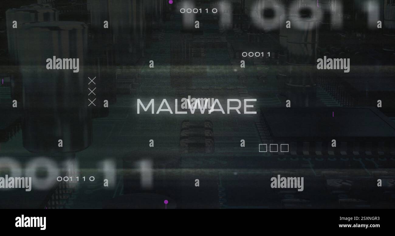 Malware text image over digital data and binary coding background Stock Photo