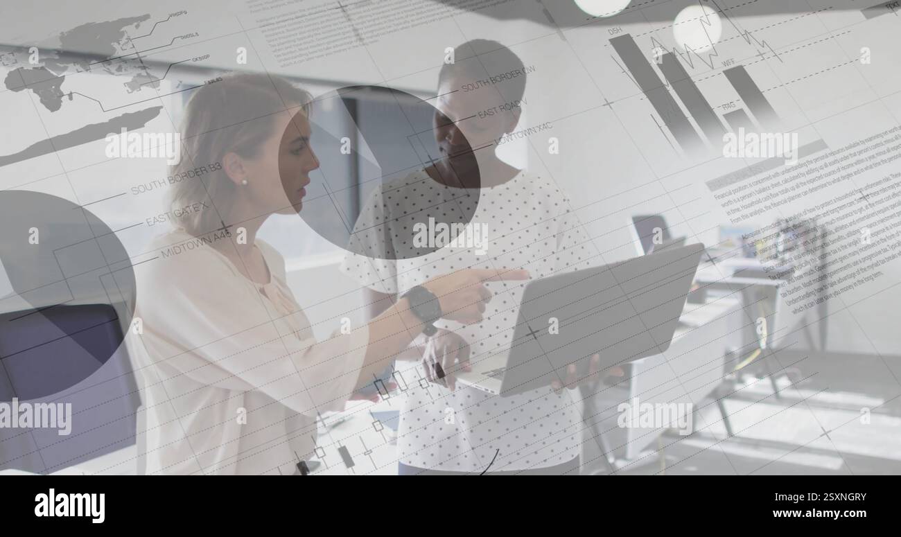 Business data charts and graphs image over two women discussing in office Stock Photo
