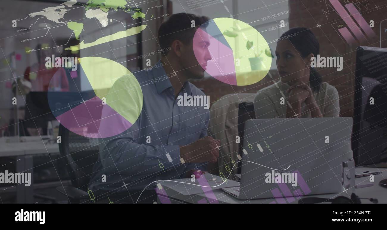 Business meeting with data charts and graphs image over office setting Stock Photo
