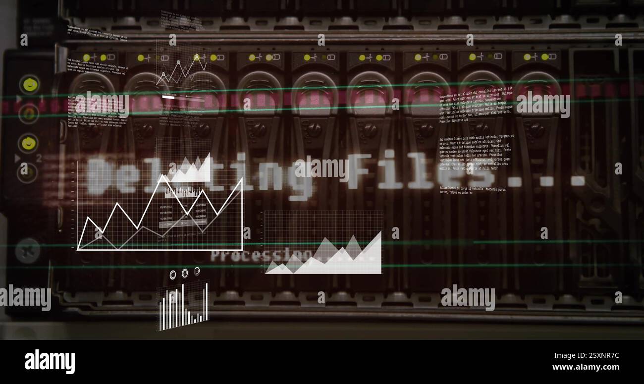 Image of data processing and diagrams over server room Stock Photo