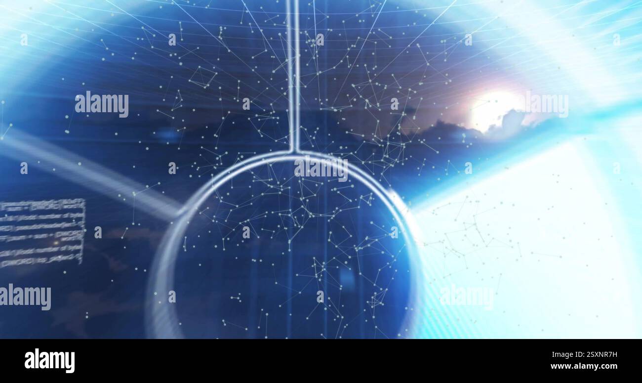 Image of data processing and diagrams over clouds and sun Stock Photo
