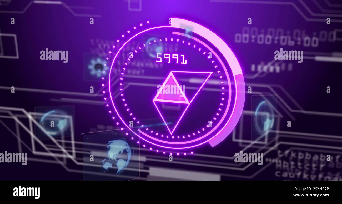Digital data processing image over futuristic interface with purple geometric shapes Stock Photo