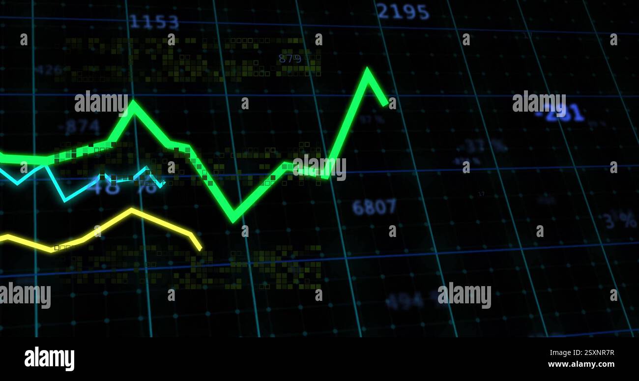 Image of diagrams and data processing over black background Stock Photo