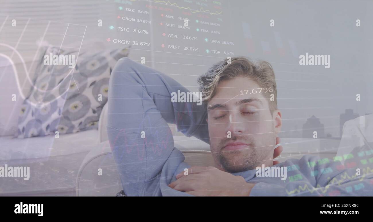 Image of financial data processing over caucasian man sleeping Stock Photo