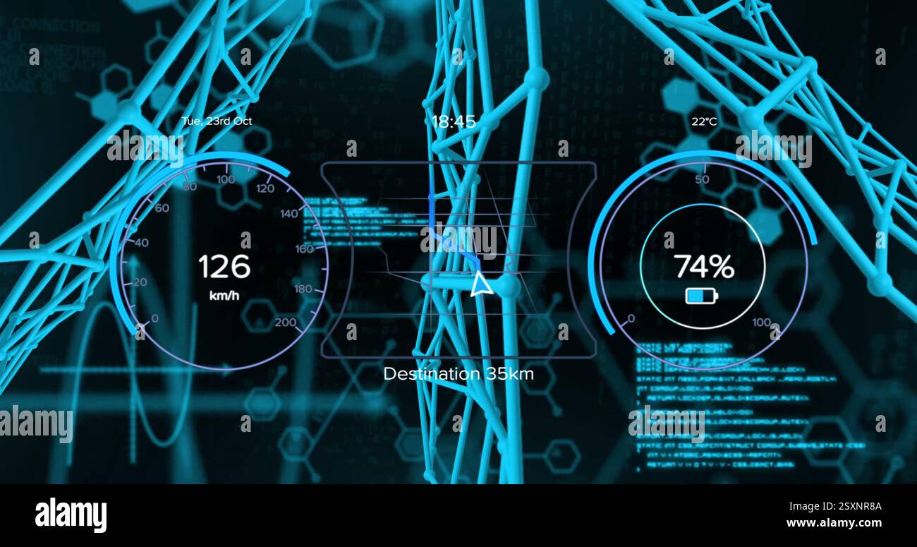 Image of speedometer and data processing over network of connections Stock Photo