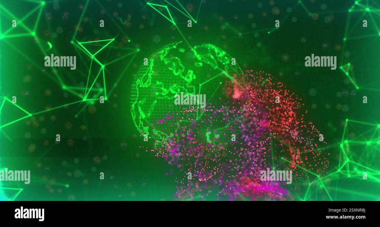 Digital globe and data points image over green and red abstract background Stock Photo