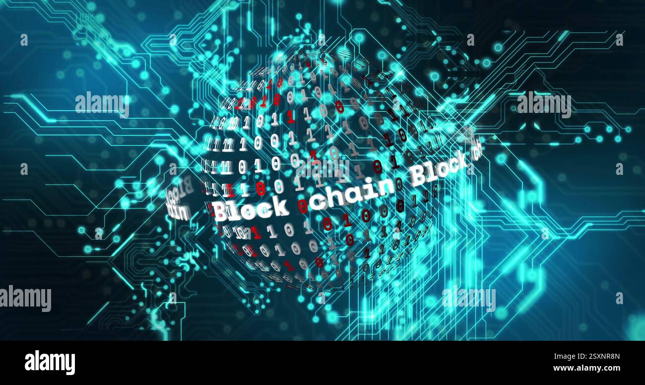 Blockchain and data processing image over digital circuit board background Stock Photo