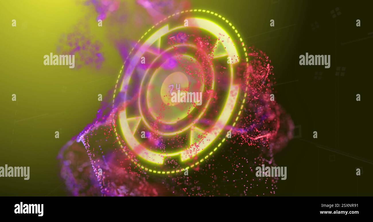 Circular digital interface with glowing arrows and particles image Stock Photo