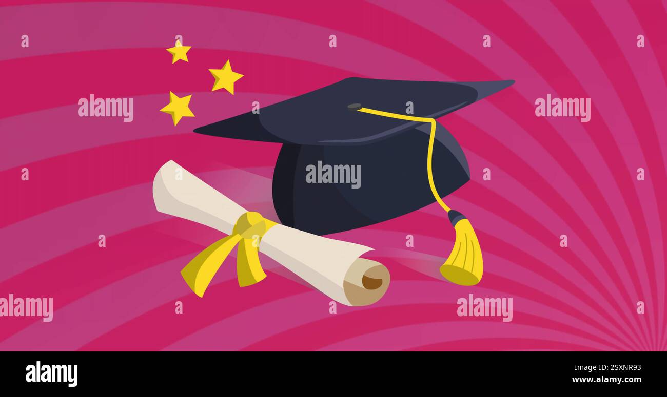 Graduation cap and diploma with stars image on pink spiral background ...
