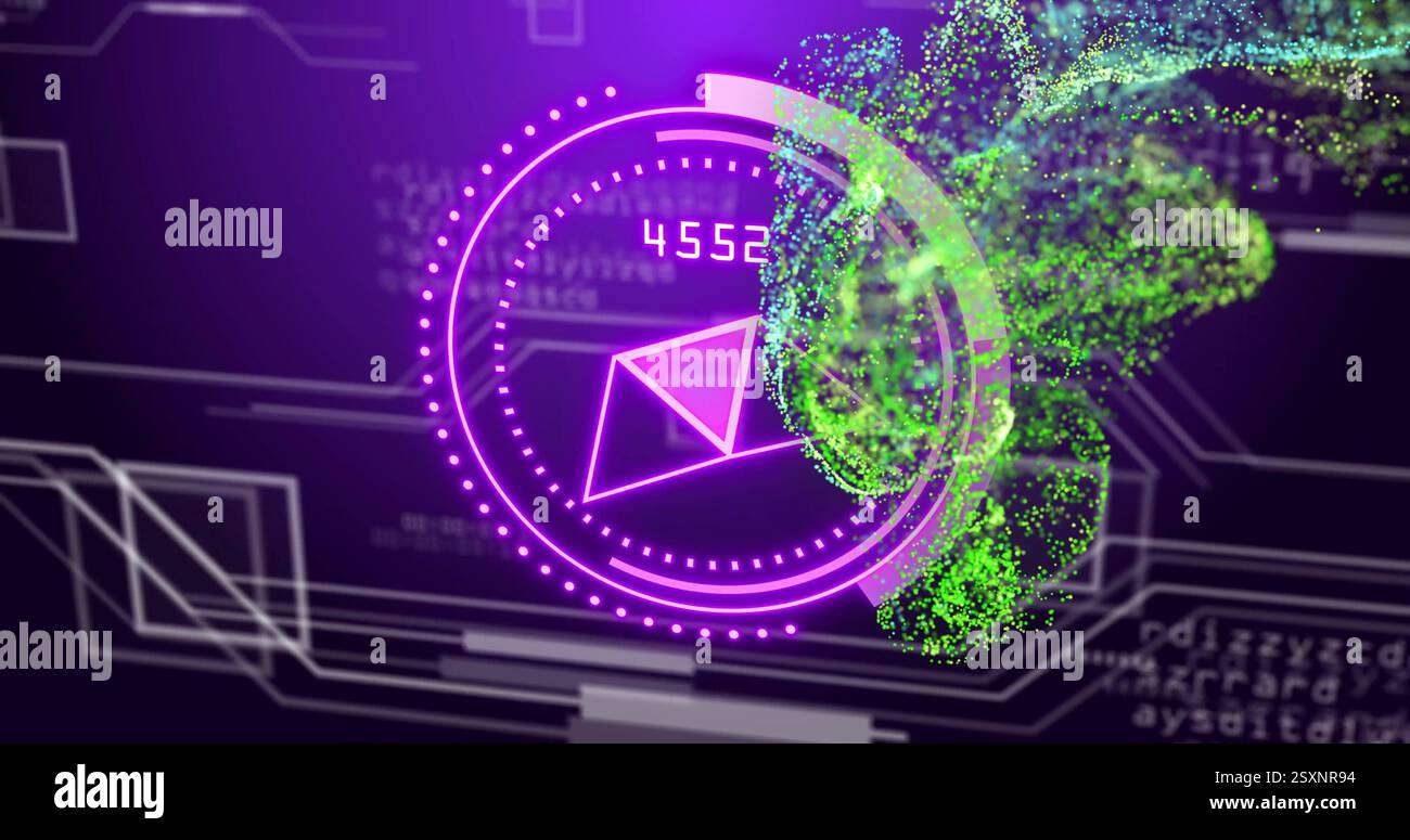 Digital data processing image over abstract geometric shapes and green particles Stock Photo