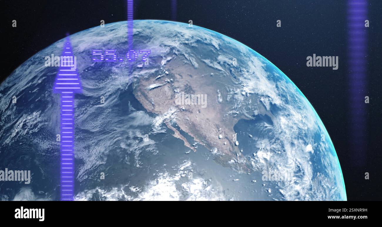 Earth from space with purple arrows and data processing image Stock Photo