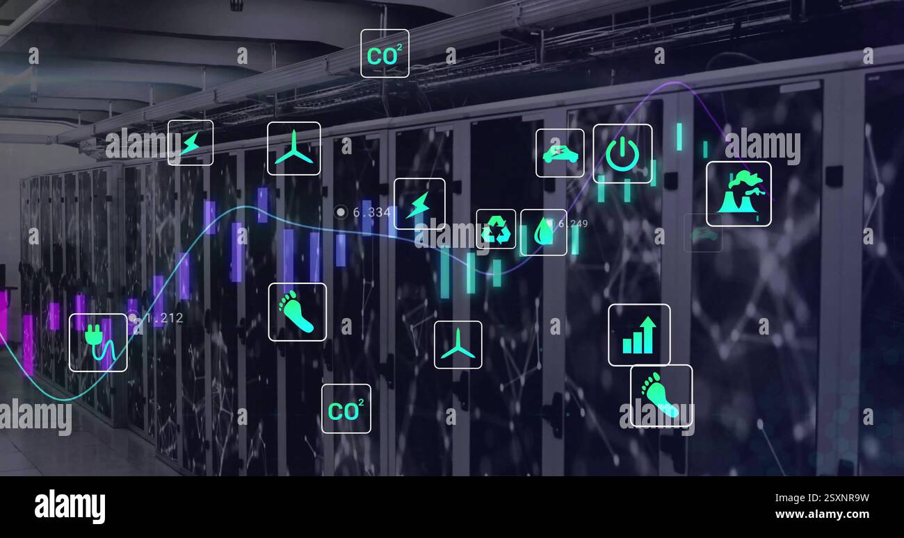 Image of diagram and data processing over server room Stock Photo