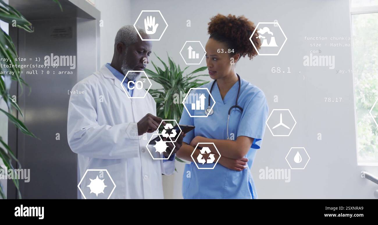 Image of eco icons and data processing over diverse doctors Stock Photo