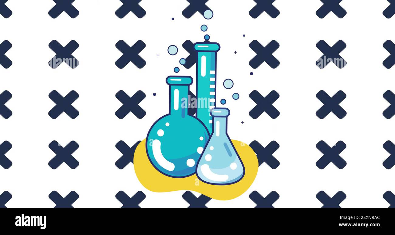 Laboratory glassware with bubbling liquids image over cross pattern background Stock Photo