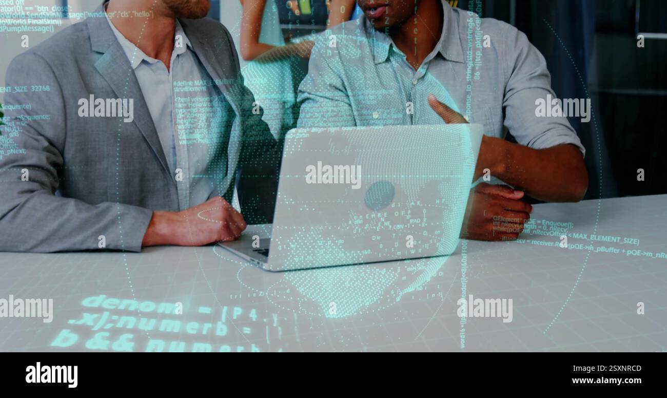 Binary code image over business people discussing work at laptop Stock Photo