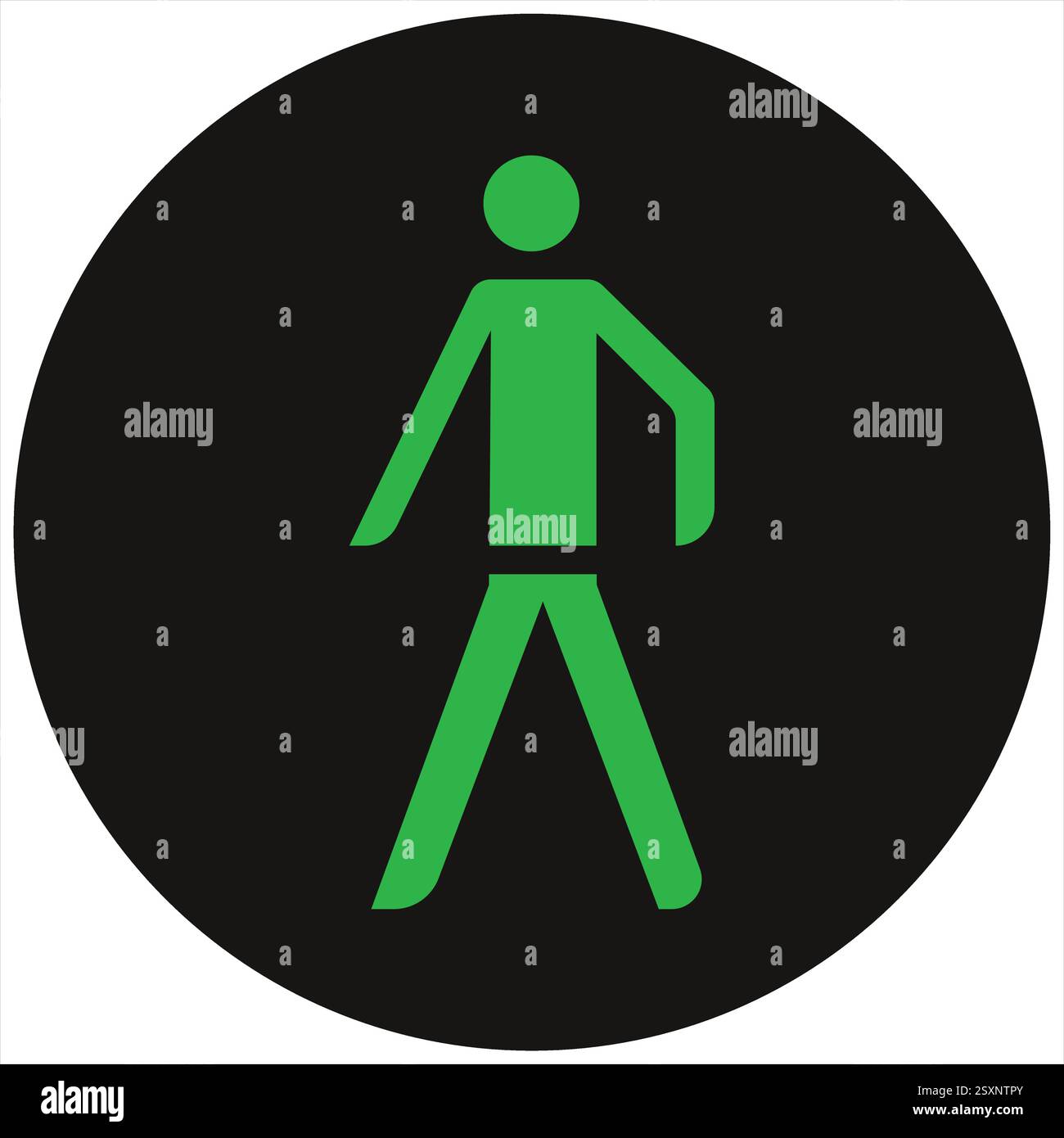 Green pedestrian symbol illuminated on a black circular background, indicating it is safe to cross the street. Stock Vector