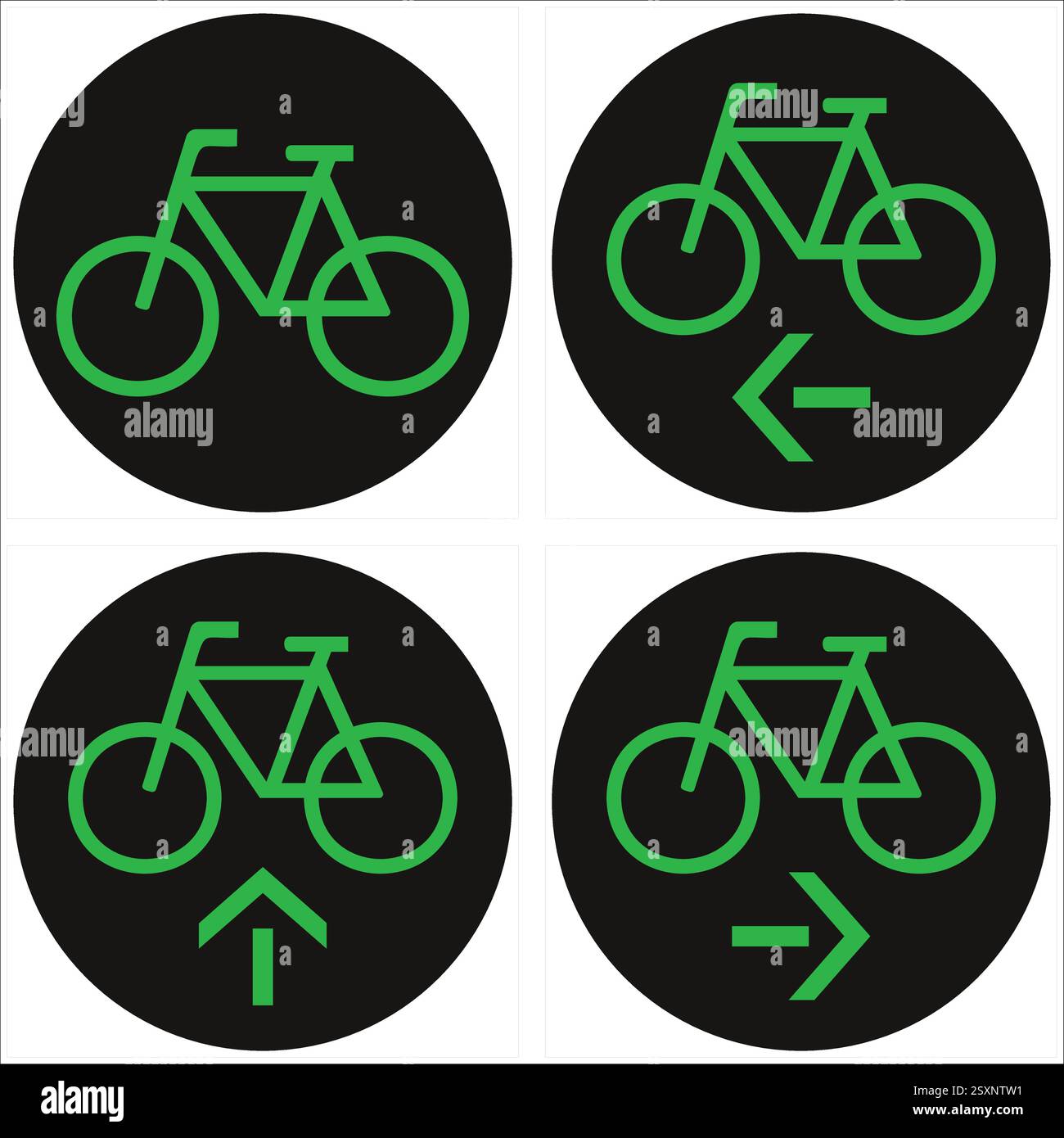 Four round black signs showing green bicycle symbol for different ...